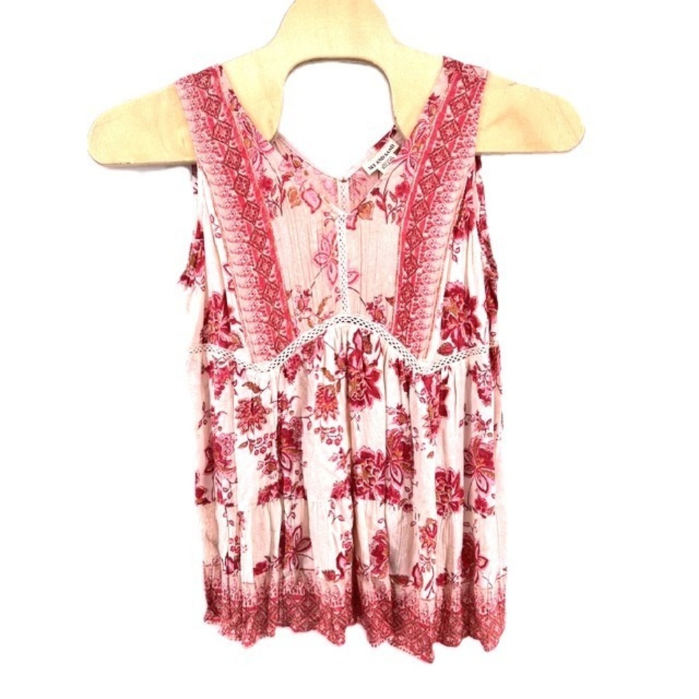 Sky and Sand Pink Floral Paisley Sleeveless Babydoll Top Crochet Trim Large NWT